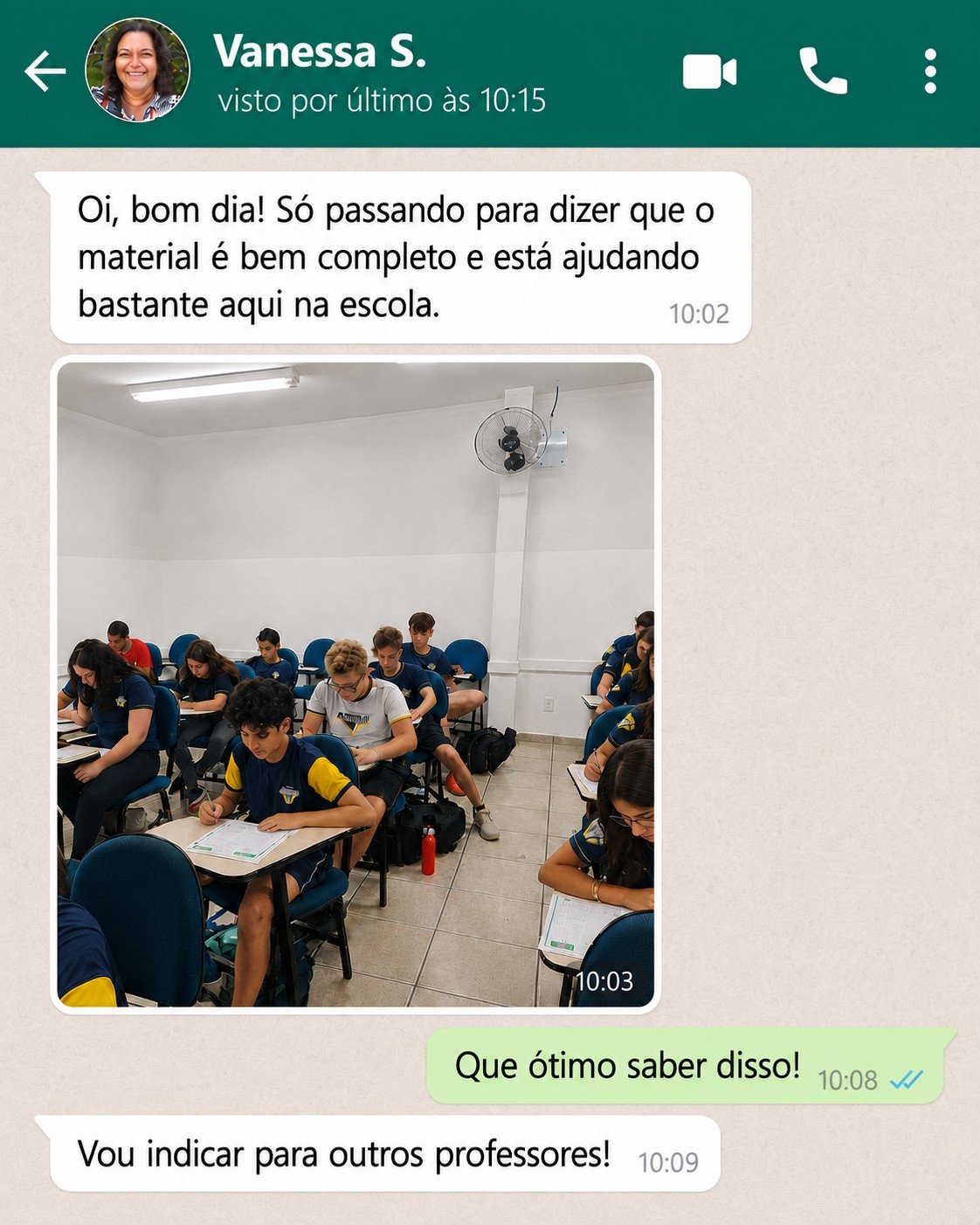 Depoimento real de professor elogiando os Simulados SAEB via WhatsApp