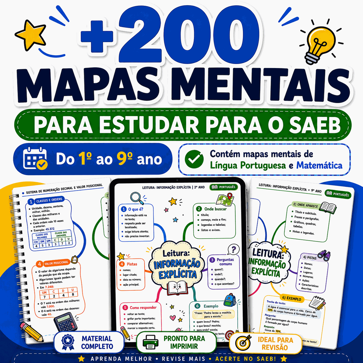+200 Mapas Mentais para Estudar para o SAEB, do 1º ao 9º ano